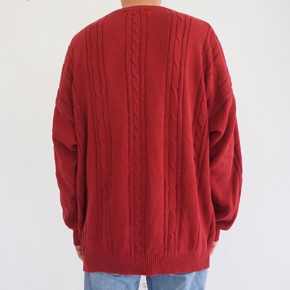 Vintage 80's Izod Maroon 3D Fisherman Cable 100% Cotton Knit Crewneck Sweater XL - Picture 2 of 9